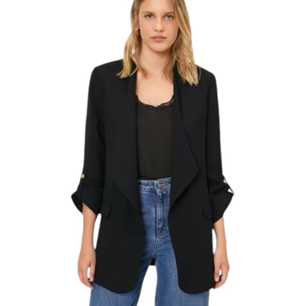 Zara Black Roll Button Sleeve Open Front Blazer Jacket - L